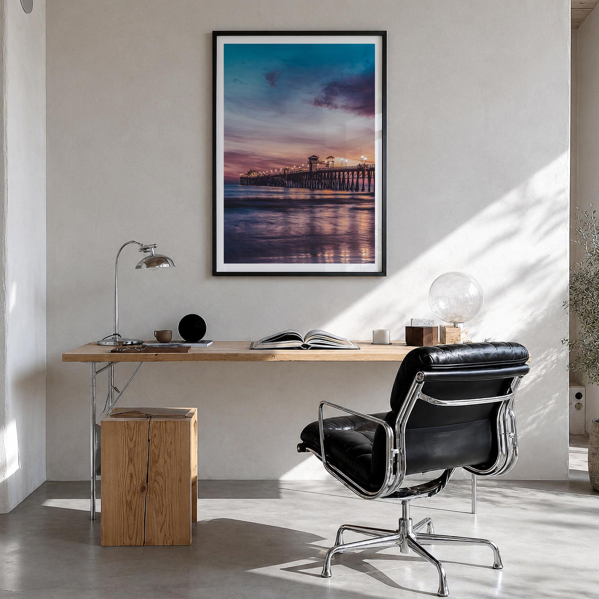 Newport Beach no. 3 colorful photo poster of California, USA – vertical wall art in black wood frame with white border, hangi