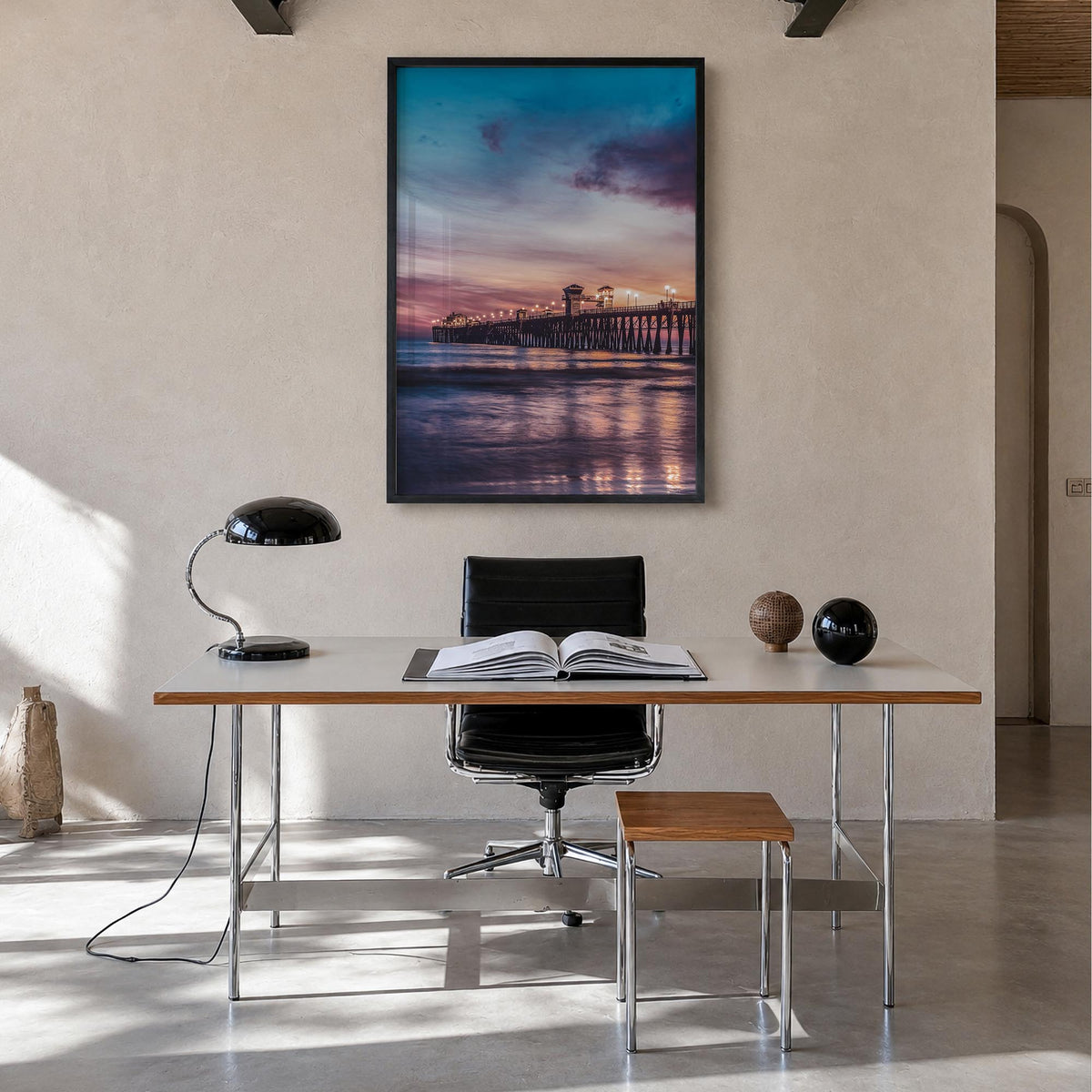 Newport Beach no. 3 colorful photo poster of California, USA – vertical wall art in black wood frame, hanging on wall