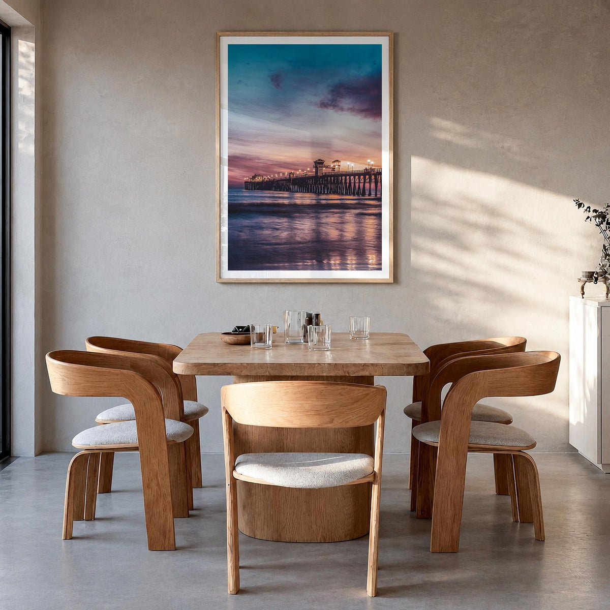 Newport Beach no. 3 colorful photo poster of California, USA – vertical wall art in natural wood frame with white border, han