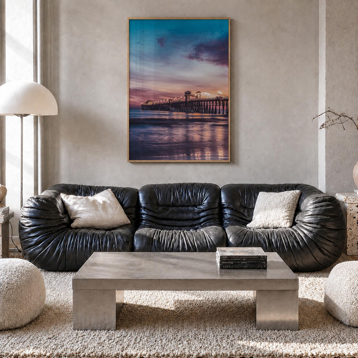 Newport Beach no. 3 colorful photo poster of California, USA – vertical wall art in natural wood frame, hanging on wall