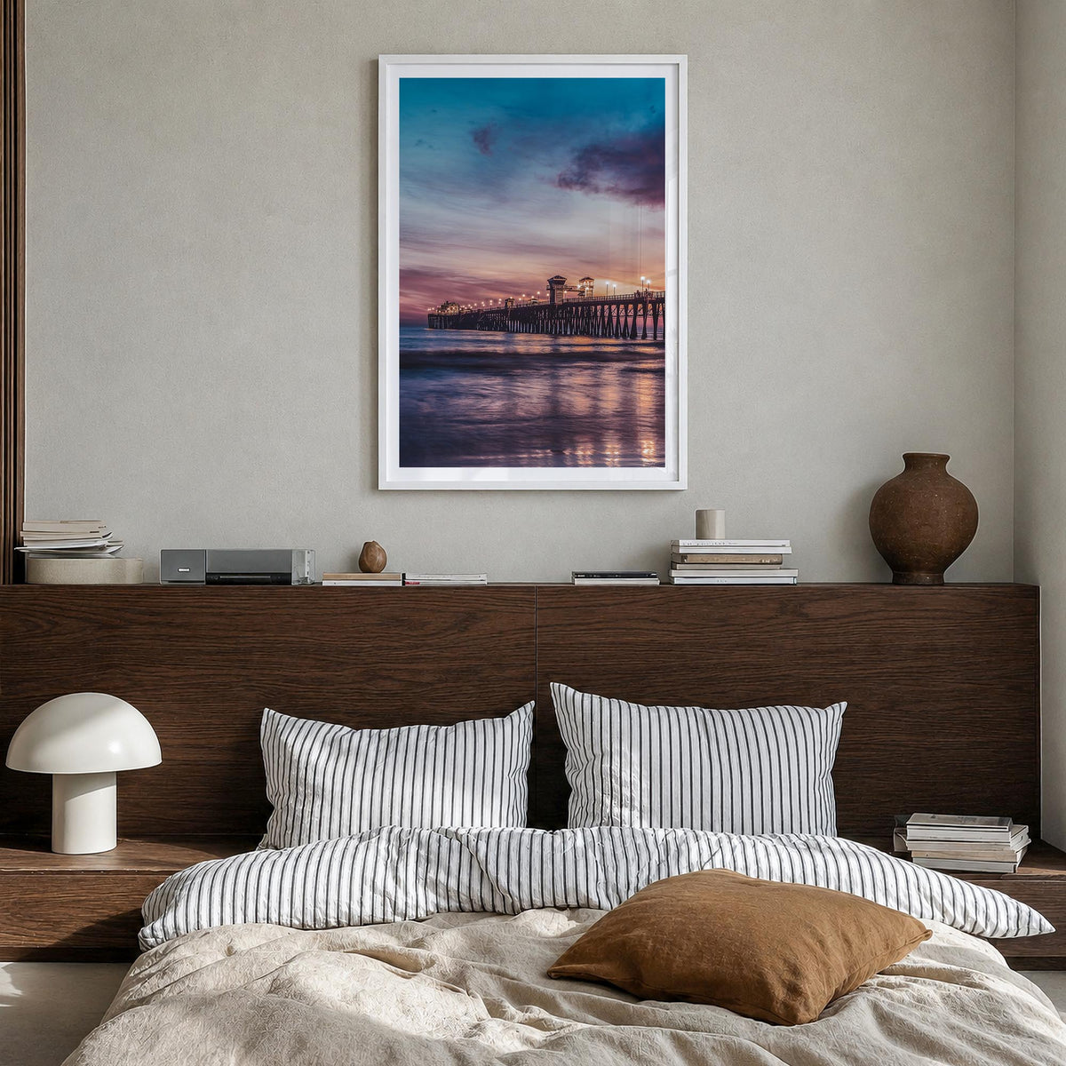 Newport Beach no. 3 colorful photo poster of California, USA – vertical wall art in white wood frame with white border, hangi