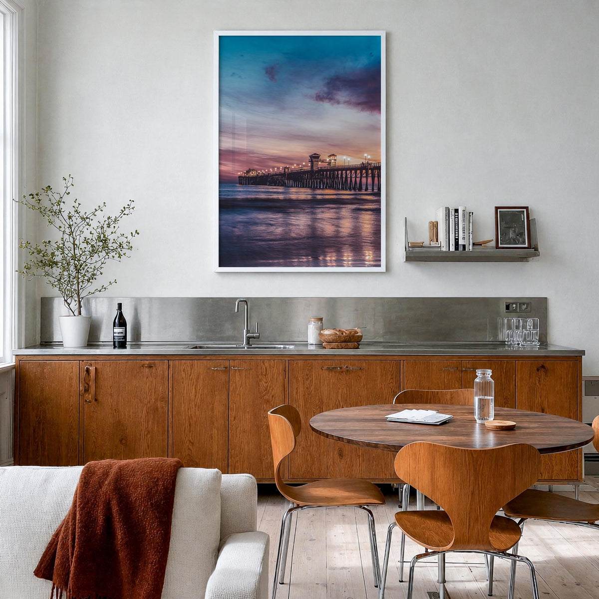 Newport Beach no. 3 colorful photo poster of California, USA – vertical wall art in white wood frame, hanging on wall