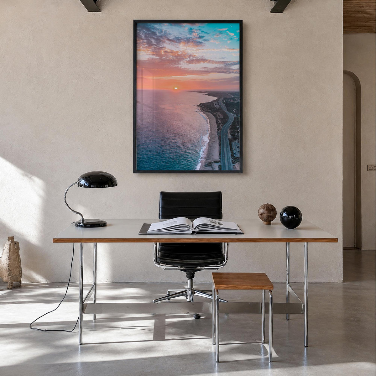 Newport Beach no. 4 colorful photo poster of California, USA – vertical wall art in black wood frame, hanging on wall