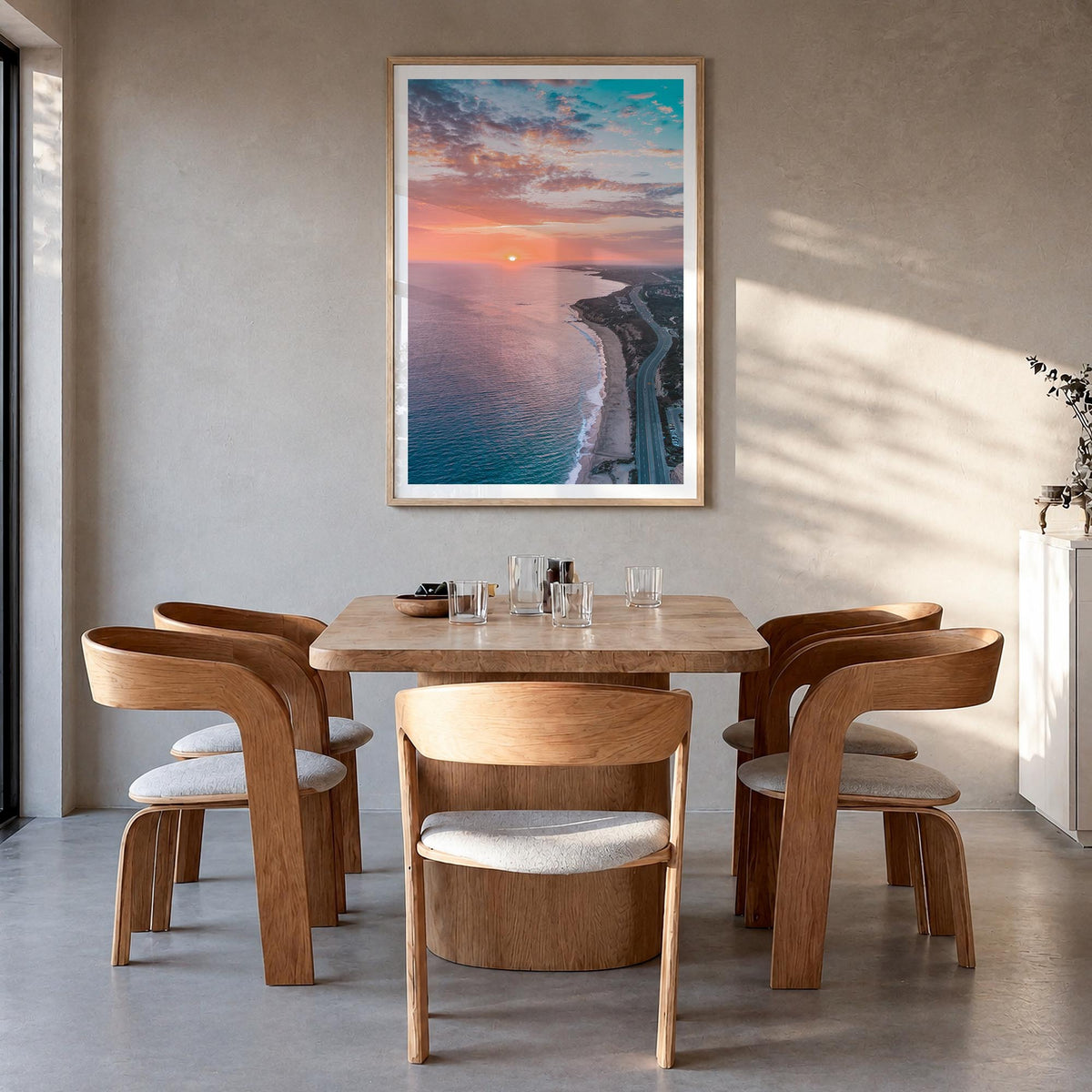 Newport Beach no. 4 colorful photo poster of California, USA – vertical wall art in natural wood frame with white border, han