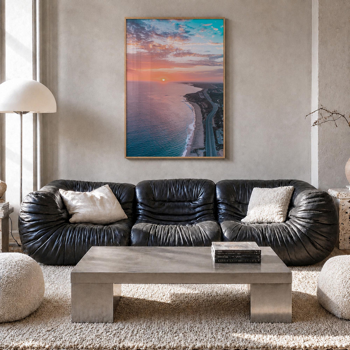Newport Beach no. 4 colorful photo poster of California, USA – vertical wall art in natural wood frame, hanging on wall
