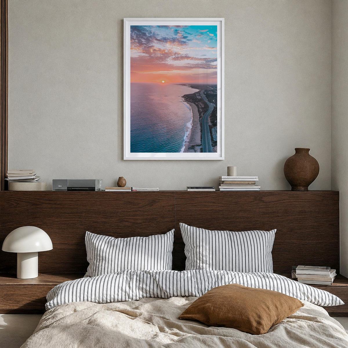 Newport Beach no. 4 colorful photo poster of California, USA – vertical wall art in white wood frame with white border, hangi