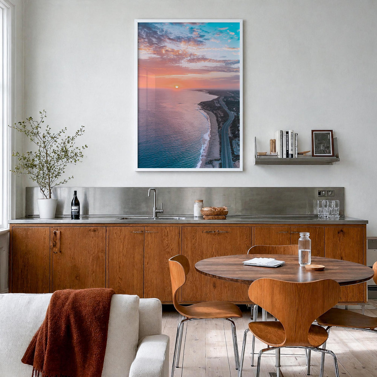 Newport Beach no. 4 colorful photo poster of California, USA – vertical wall art in white wood frame, hanging on wall