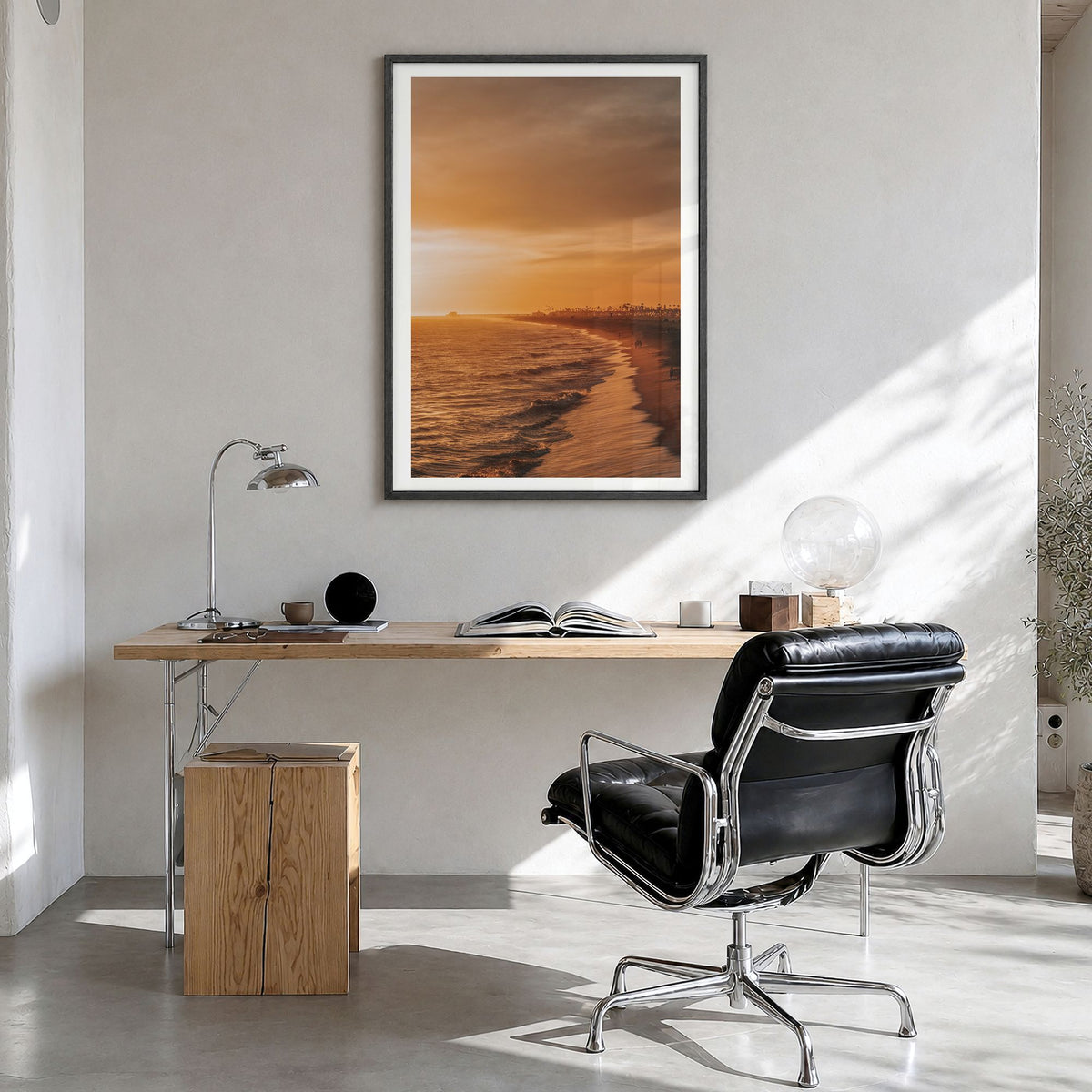 Newport Beach Photo No 5 Poster in a black wood frame, hanging in a bright home office, white border
