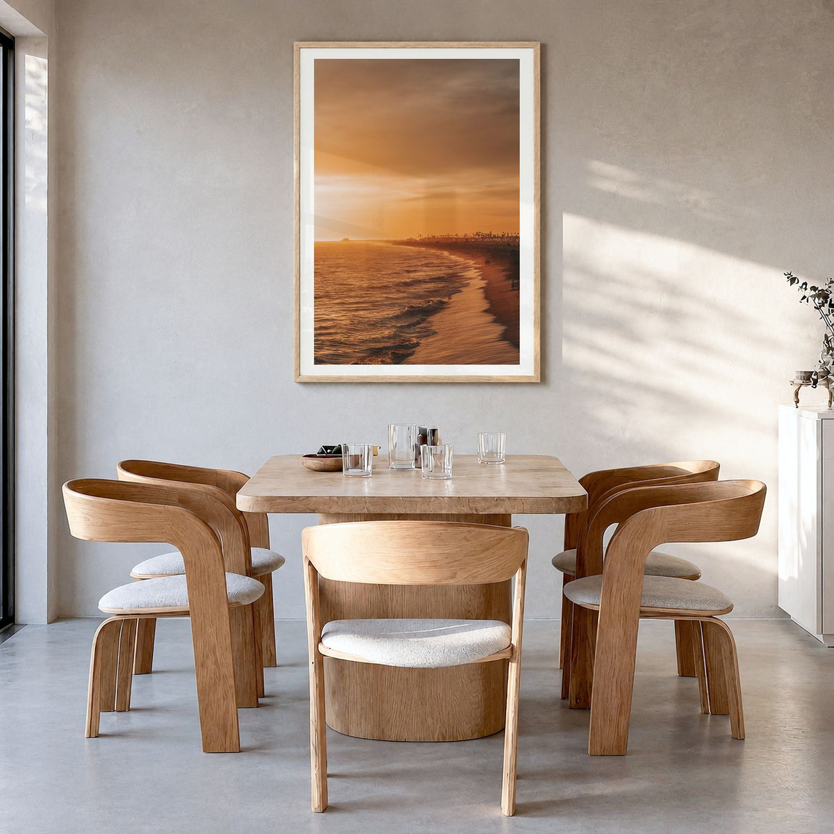 Newport Beach Photo No 5 Poster in a natural wood frame, hanging in a dining room, white border