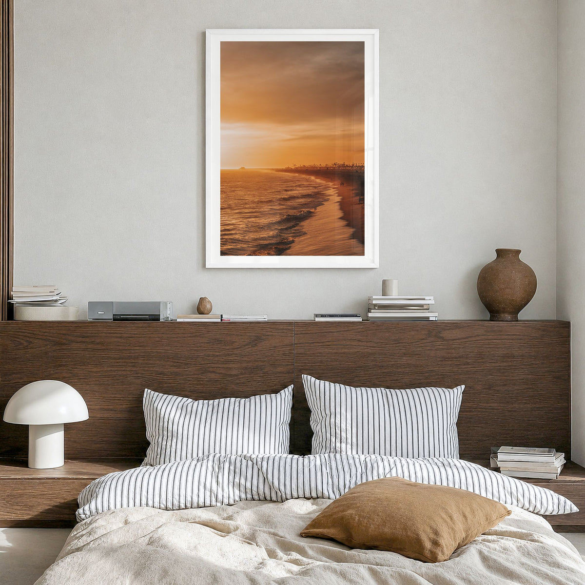 Newport Beach Photo No 5 Poster in a white wood frame, hanging in a bedroom, white border