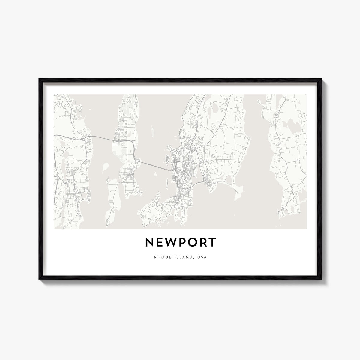 Newport black & white map poster of Rhode Island, USA – horizontal wall art, unframed print shown in interior mockup