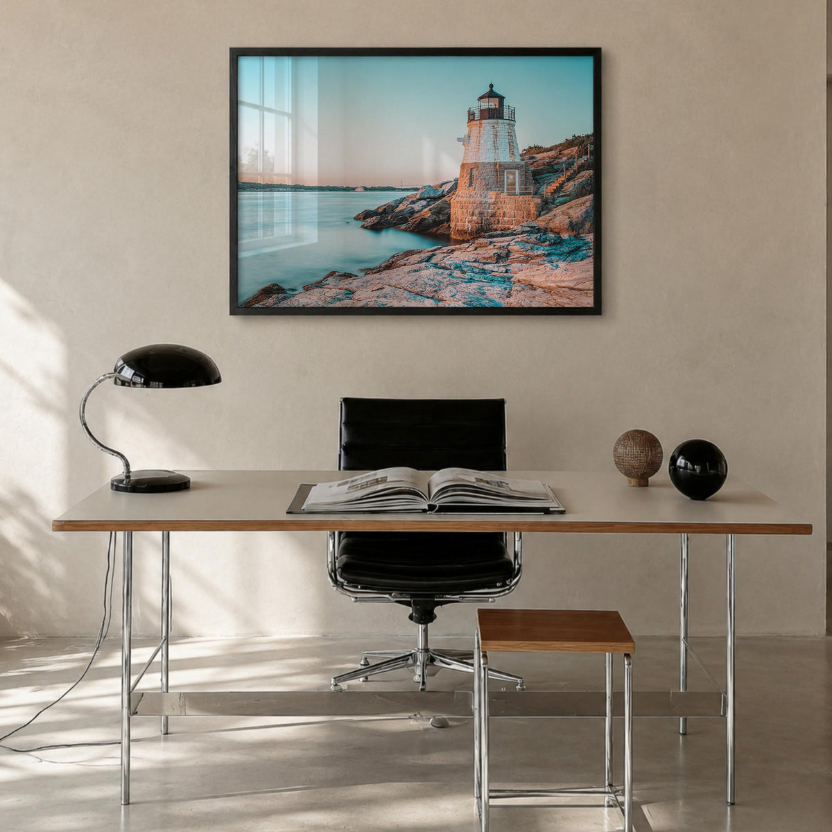 Newport colorful photo poster of Rhode Island, USA – horizontal wall art in black wood frame, hanging on wall