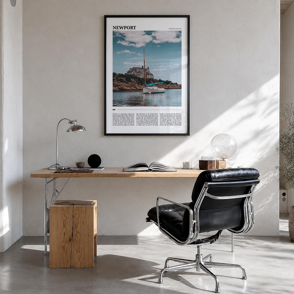 Newport colorful travel poster of Rhode Island, USA – vertical wall art in black wood frame, hanging on wall