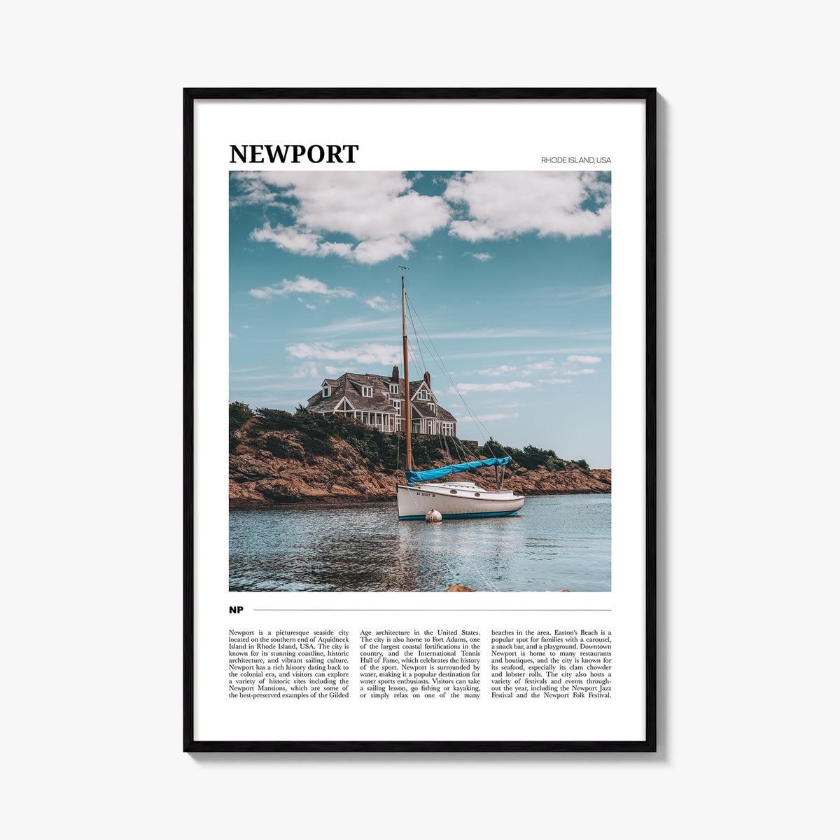 Newport colorful travel poster of Rhode Island, USA – vertical wall art, unframed print shown in interior mockup