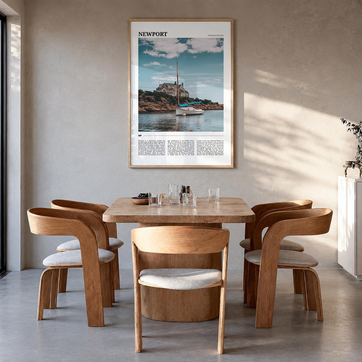 Newport colorful travel poster of Rhode Island, USA – vertical wall art in natural wood frame, hanging on wall