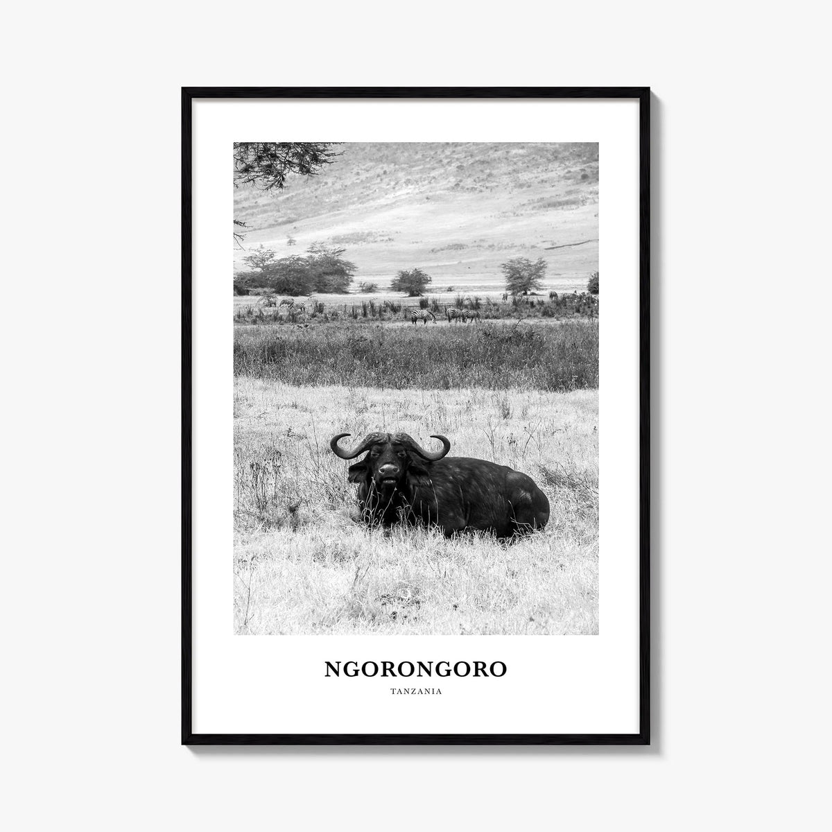 Ngorongoro black & white classic poster of Tanzania – vertical wall art, unframed print shown in interior mockup