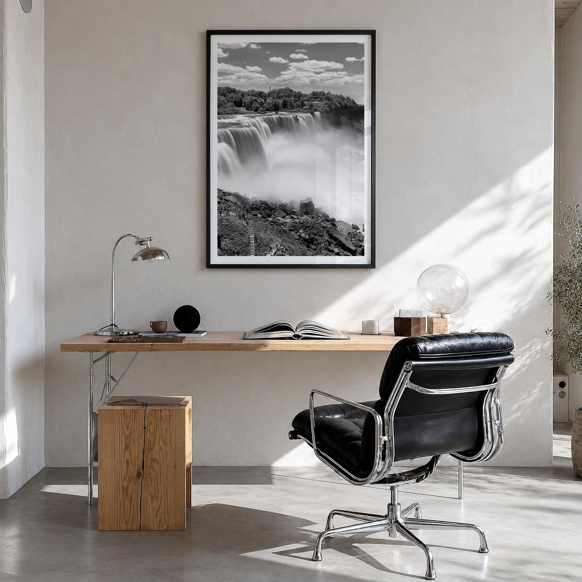 Niagara Falls black & white photo poster of North America – vertical wall art in black wood frame with white border, hanging