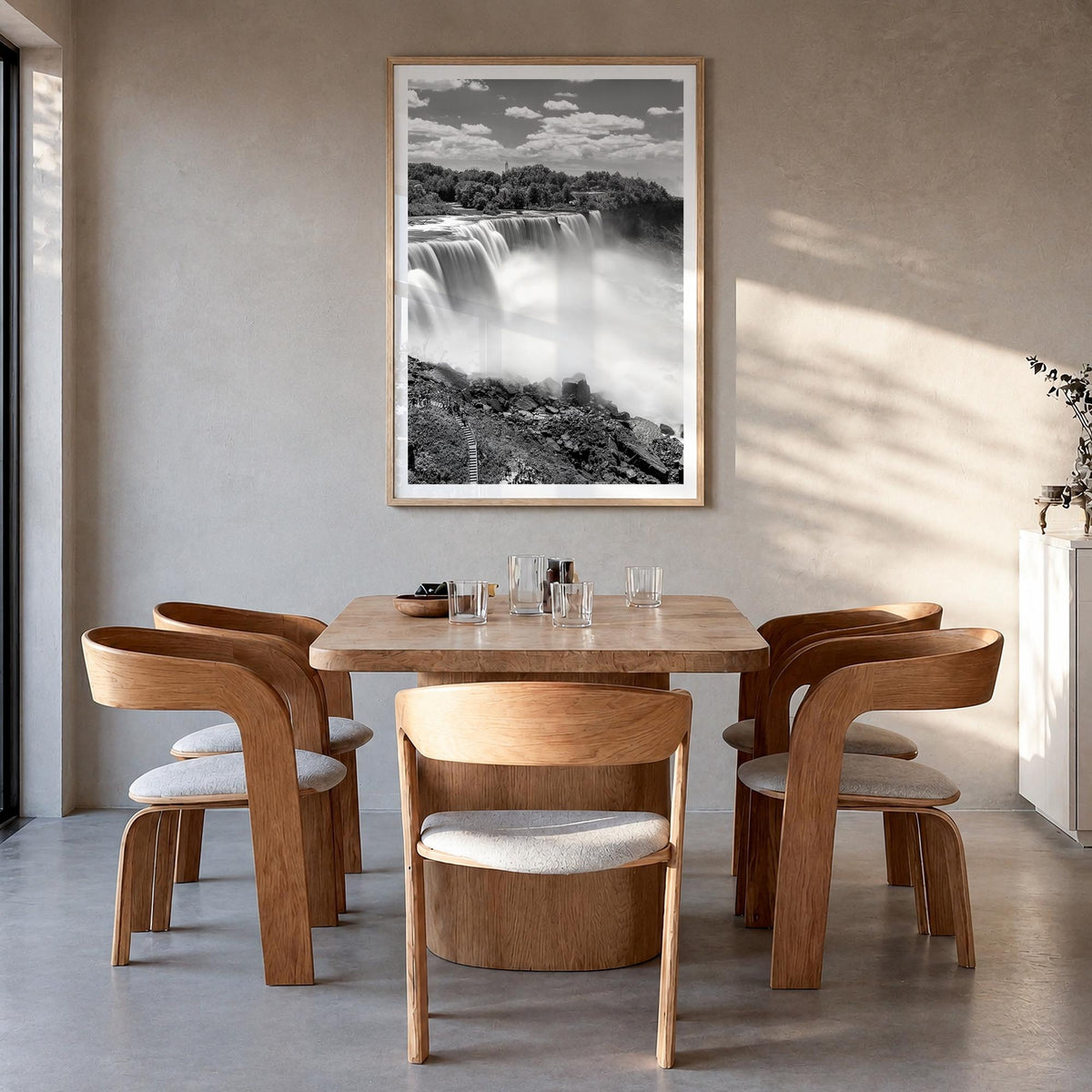 Niagara Falls black & white photo poster of North America – vertical wall art in natural wood frame with white border, hangin