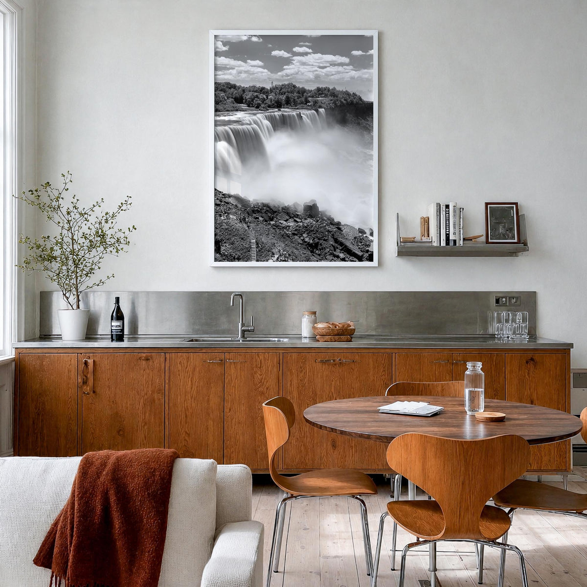 Niagara Falls black & white photo poster of North America – vertical wall art in white wood frame, hanging on wall