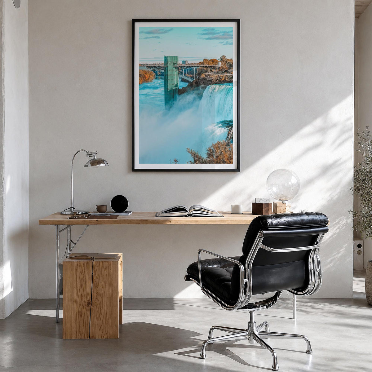 Niagara Falls colorful photo poster of North America – vertical wall art in black wood frame with white border, hanging on wa