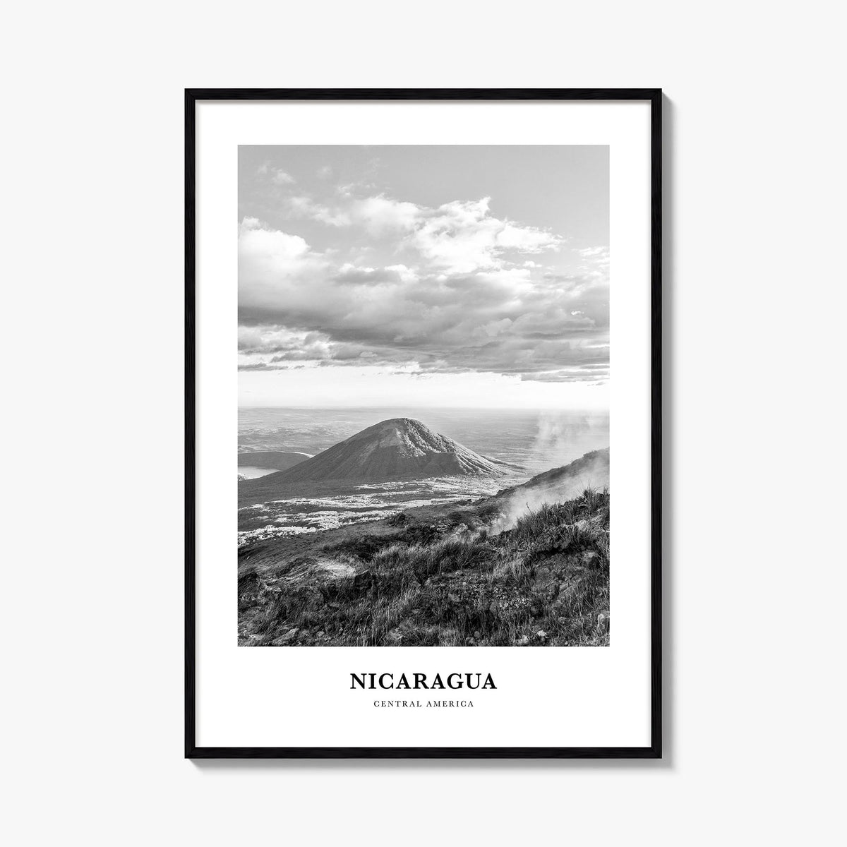 Nicaragua black & white classic poster of Central America – vertical wall art, unframed print shown in interior mockup