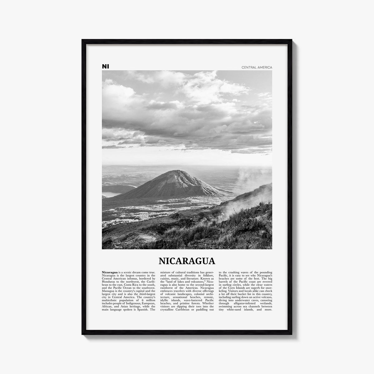 Nicaragua black & white newspaper poster of Central America – vertical wall art, unframed print shown in interior mockup