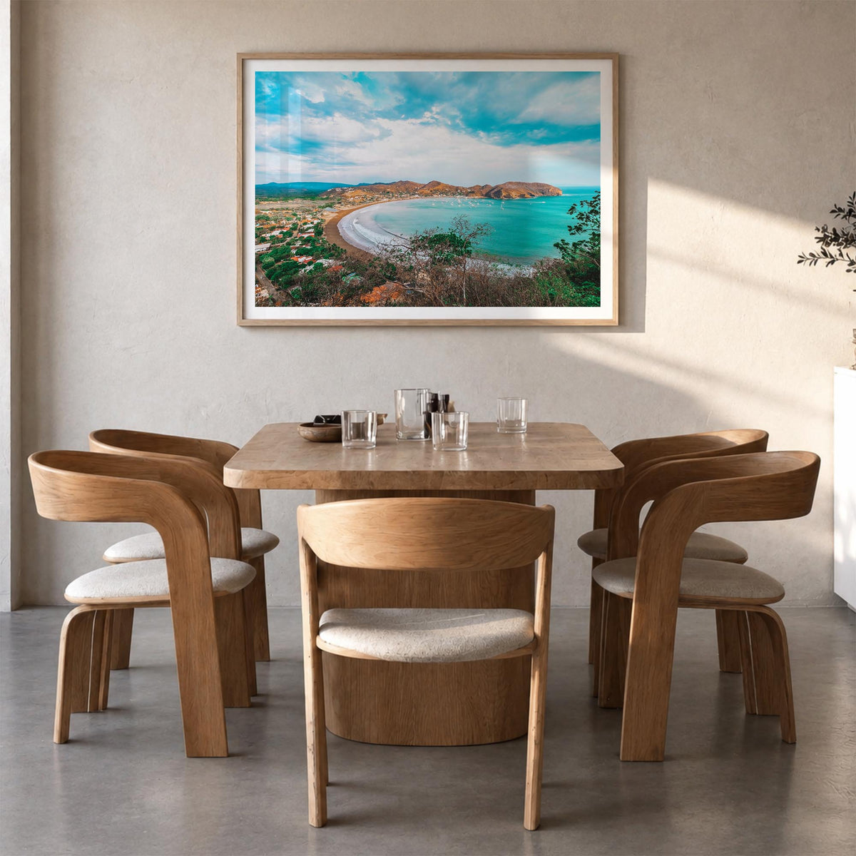 Nicaragua colorful photo poster of Central America – horizontal wall art in natural wood frame with white border, hanging on