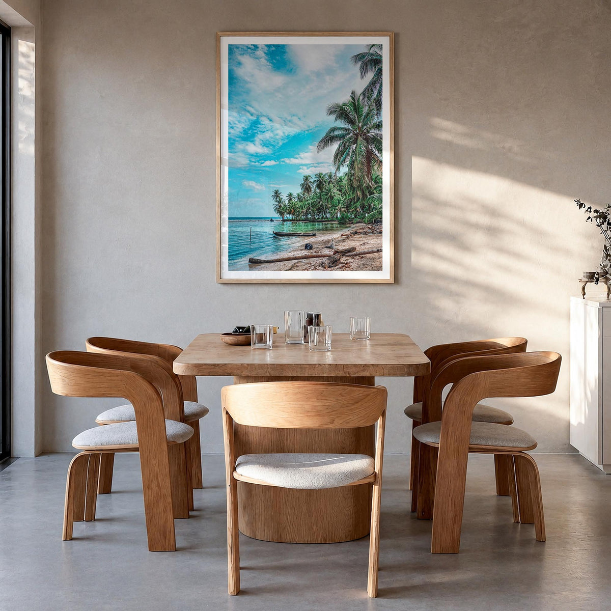 Nicaragua colorful photo poster of Central America – vertical wall art in natural wood frame with white border, hanging on wa