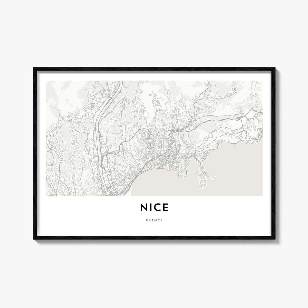 Nice black & white map poster of France – horizontal wall art, unframed print shown in interior mockup