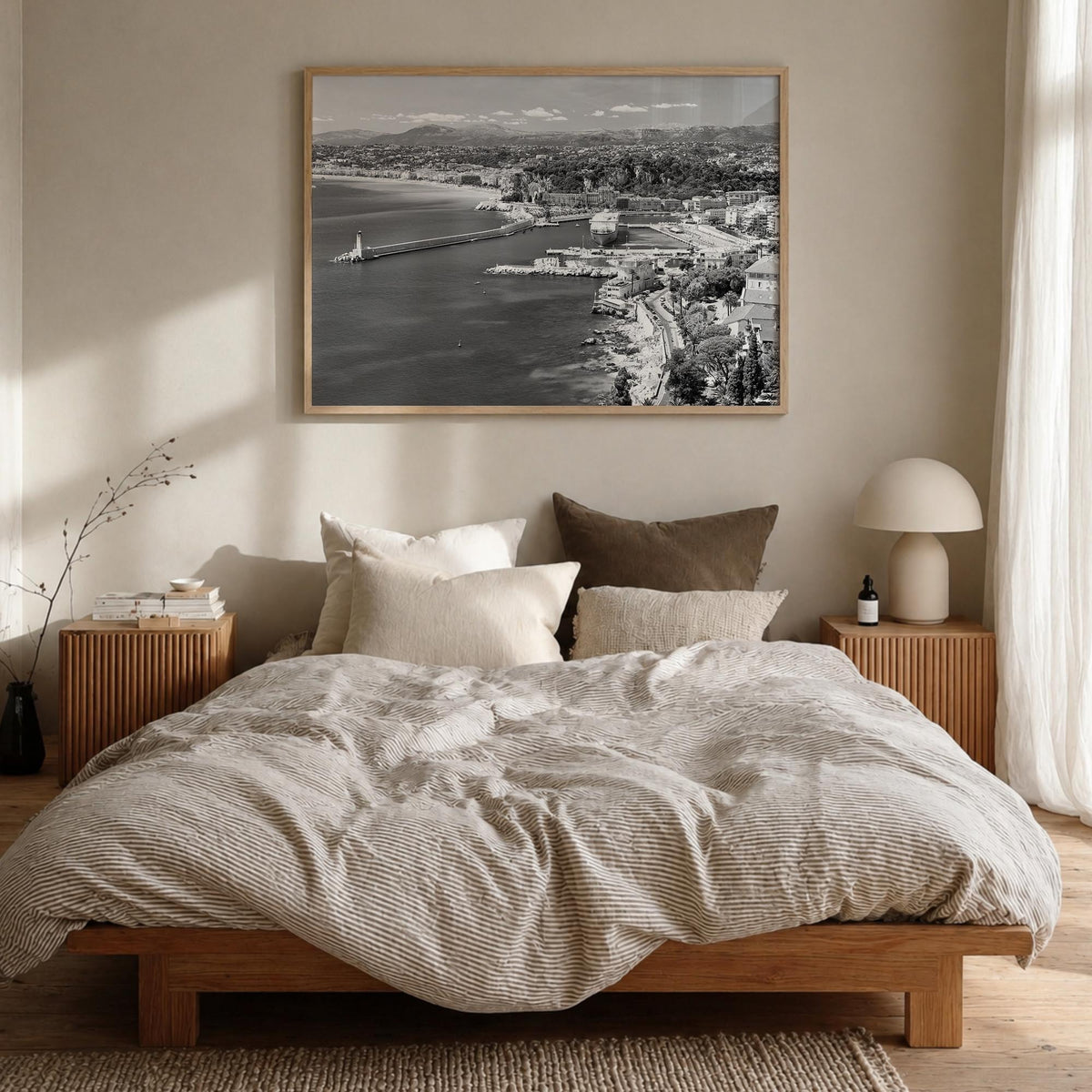 Nice black & white photo poster of France – horizontal wall art in natural wood frame, hanging on wall