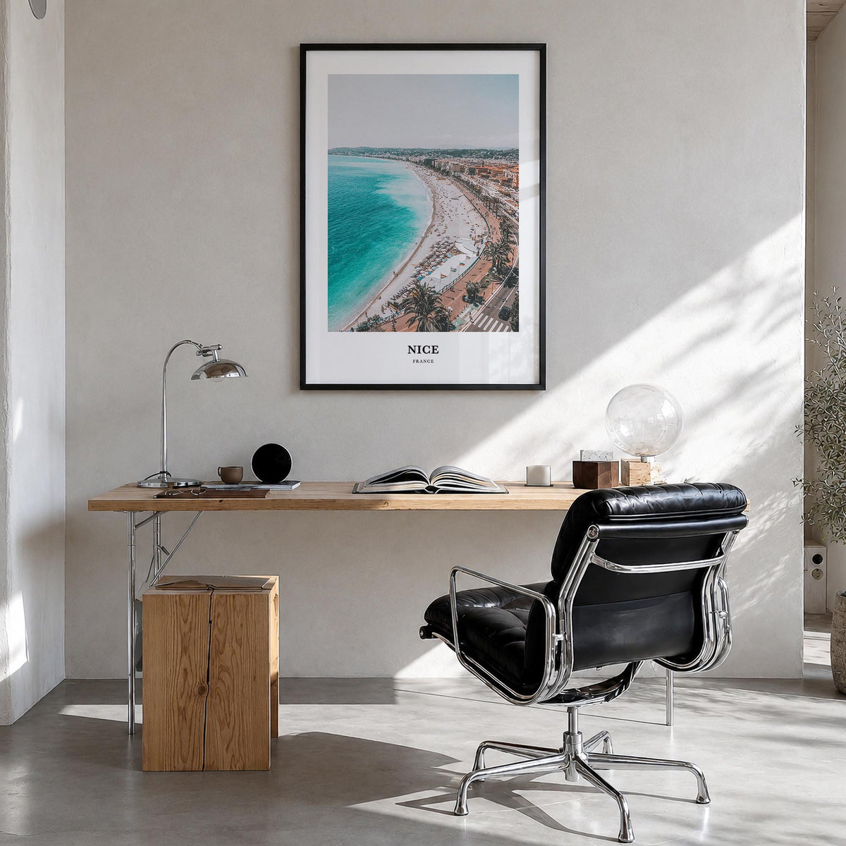 Nice colorful classic poster of France – vertical wall art in black wood frame, hanging on wall