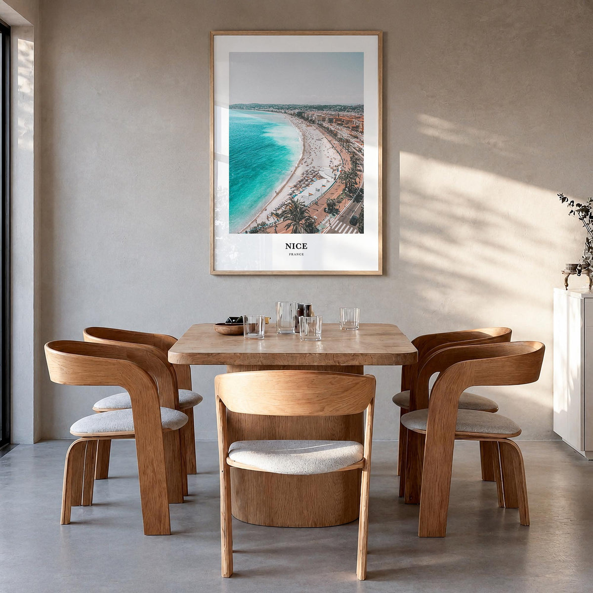 Nice colorful classic poster of France – vertical wall art in natural wood frame, hanging on wall