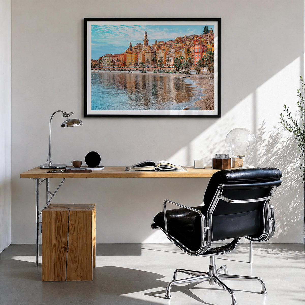 Nice colorful photo poster of France – horizontal wall art in black wood frame with white border, hanging on wall