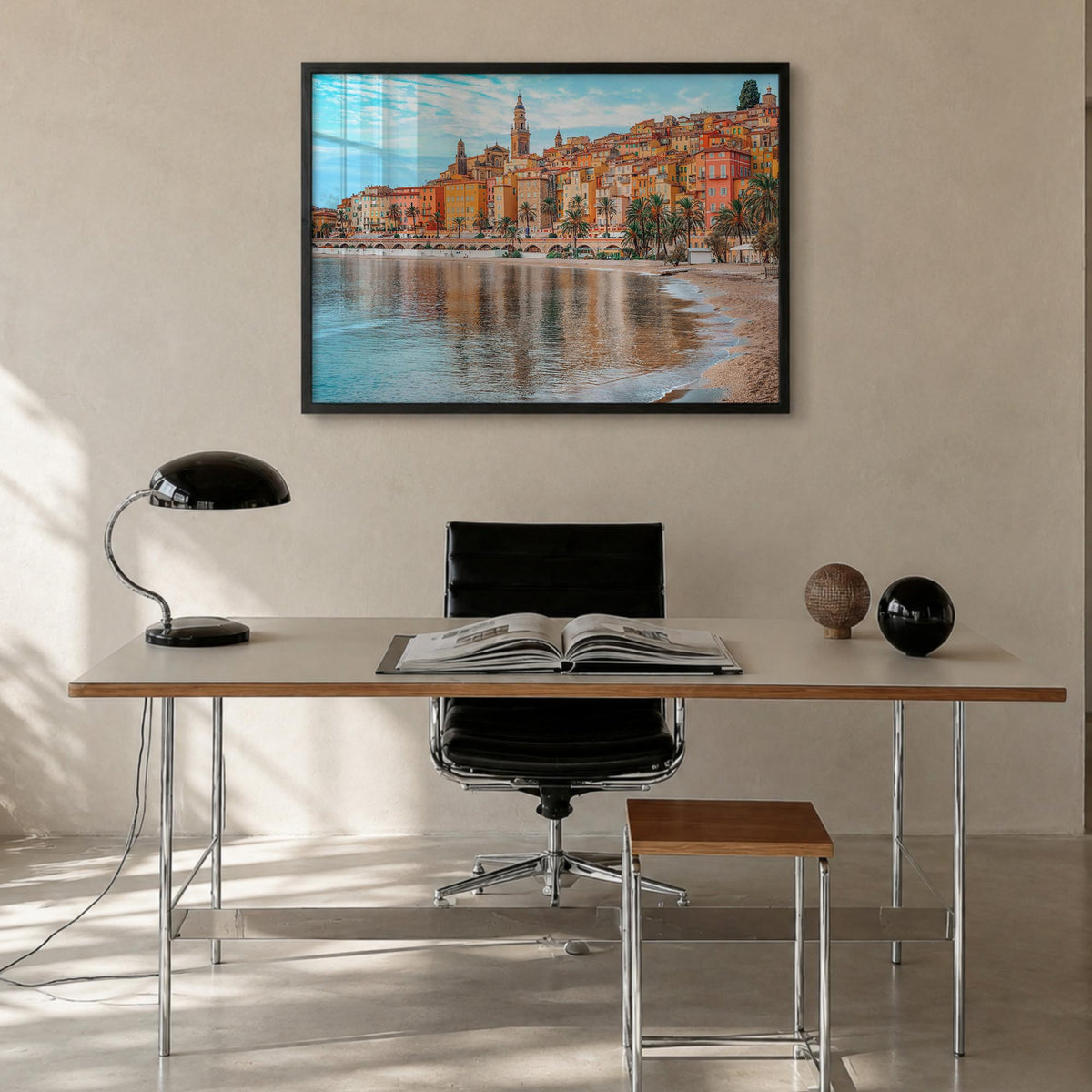 Nice colorful photo poster of France – horizontal wall art in black wood frame, hanging on wall