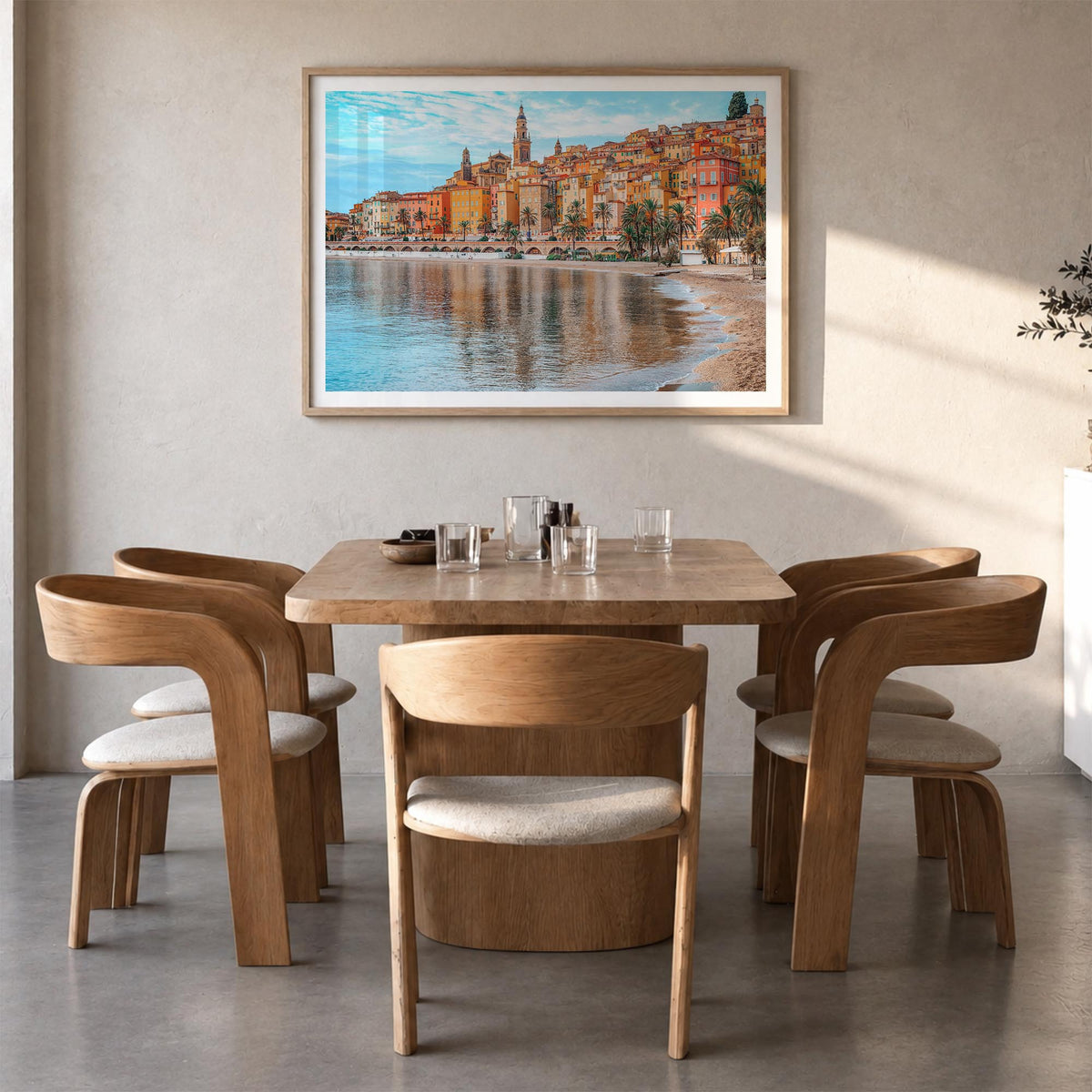 Nice colorful photo poster of France – horizontal wall art in natural wood frame with white border, hanging on wall