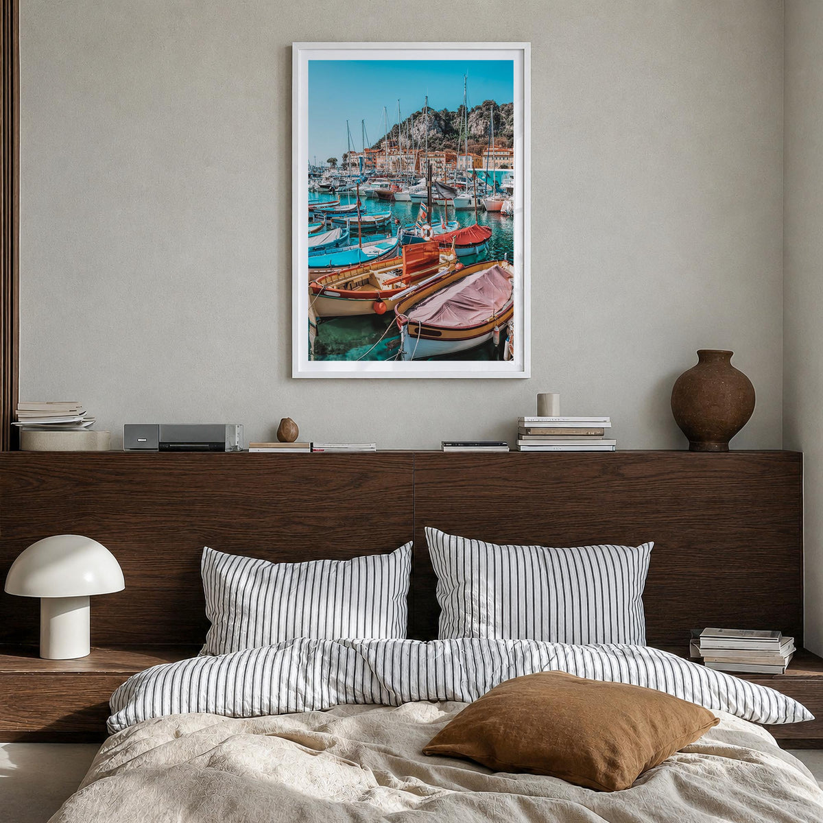 Nice no. 2 colorful photo poster of France – vertical wall art in white wood frame with white border, hanging on wall