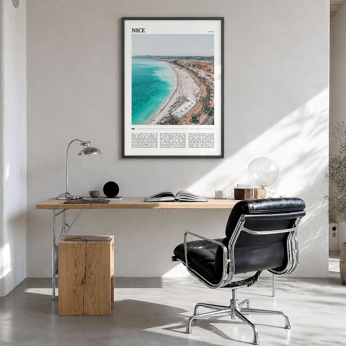 Nice Travel Poster in a black wood frame, hanging in a bright home office