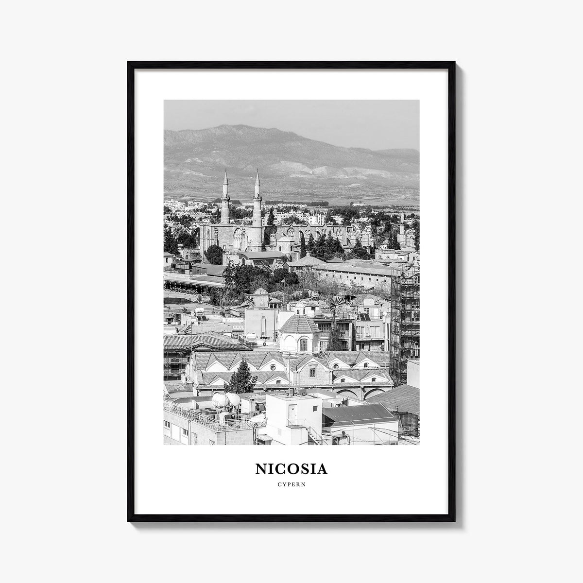 Nicosia black & white classic poster of Cyprus – vertical wall art, unframed print shown in interior mockup