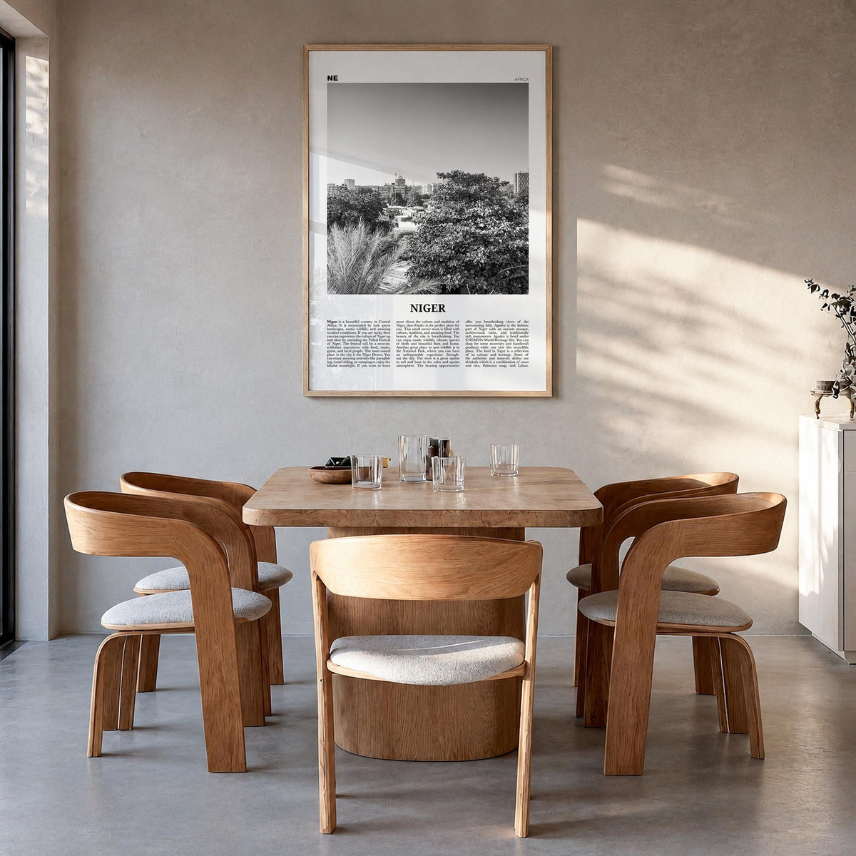 Niger black & white newspaper poster of Africa – vertical wall art in natural wood frame, hanging on wall