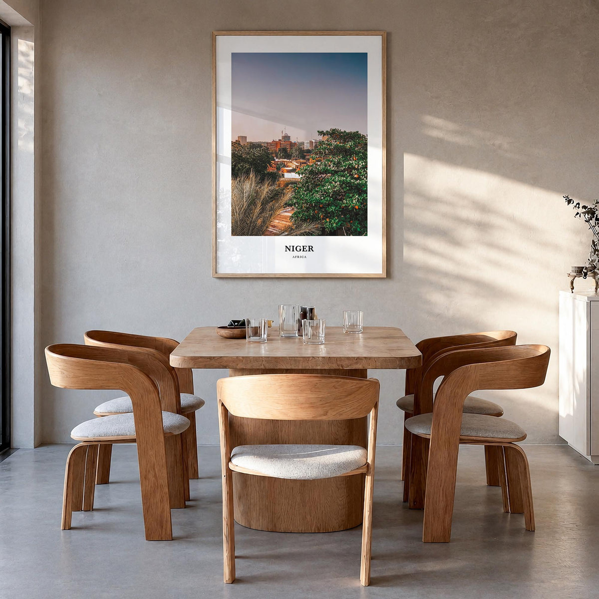 Niger colorful classic poster of Africa – vertical wall art in natural wood frame, hanging on wall