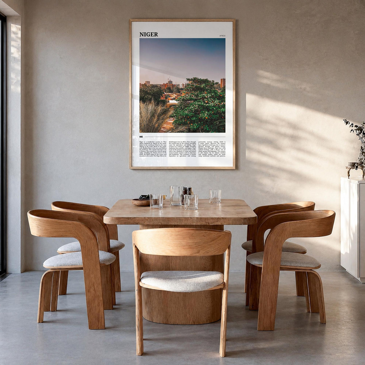 Niger colorful travel poster of Africa – vertical wall art in natural wood frame, hanging on wall
