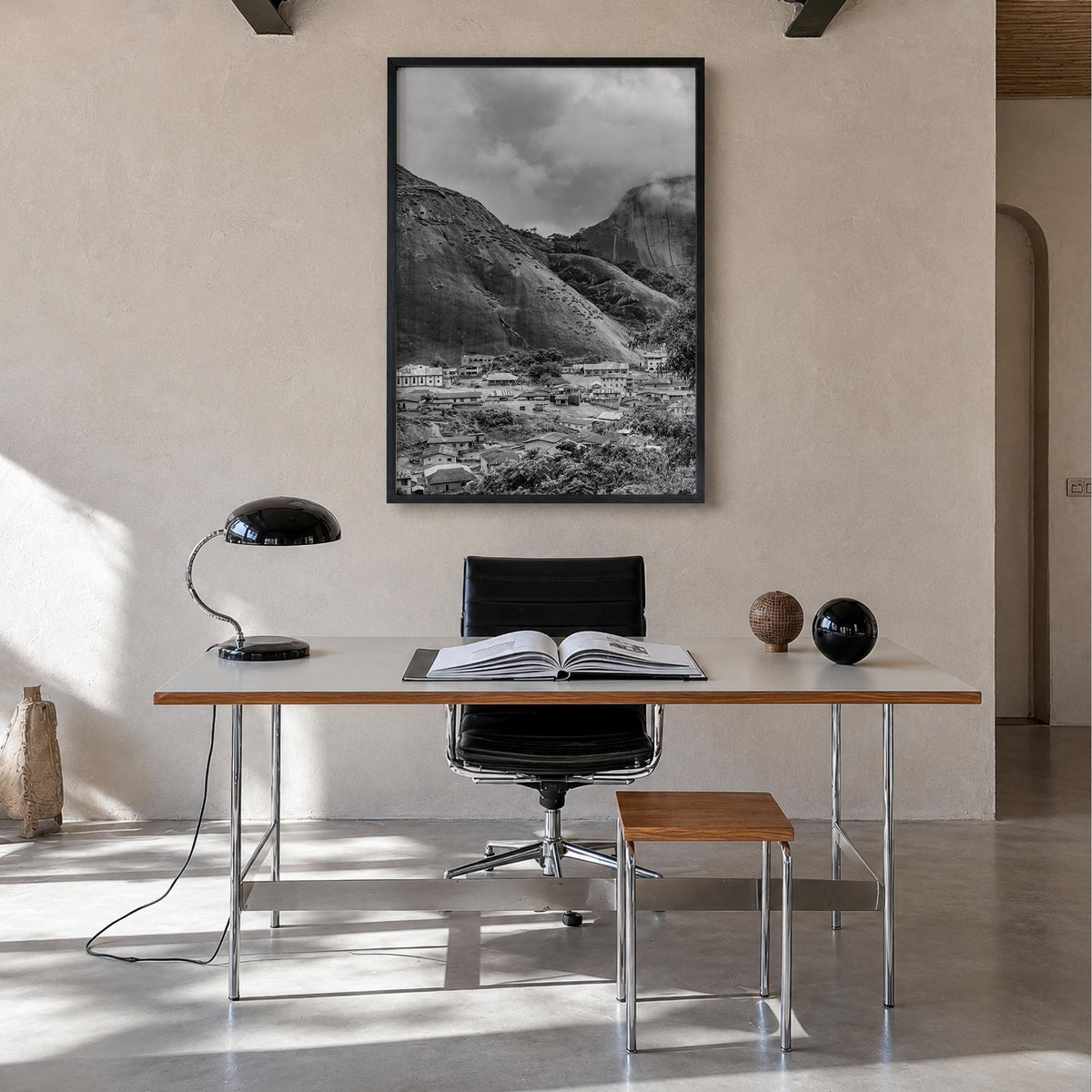 Nigeria black & white photo poster of Africa – vertical wall art in black wood frame, hanging on wall