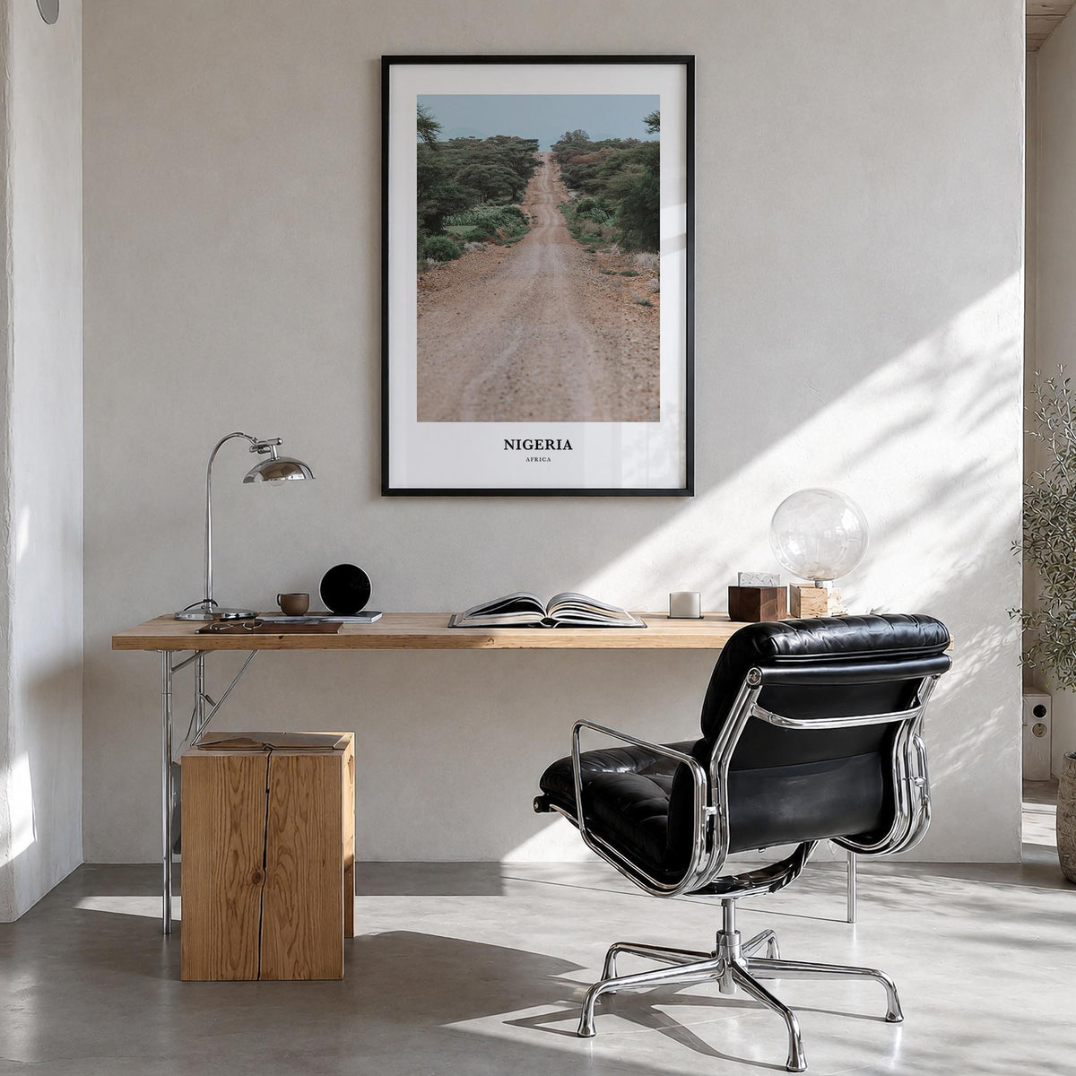 Nigeria colorful classic poster of Africa – vertical wall art in black wood frame, hanging on wall