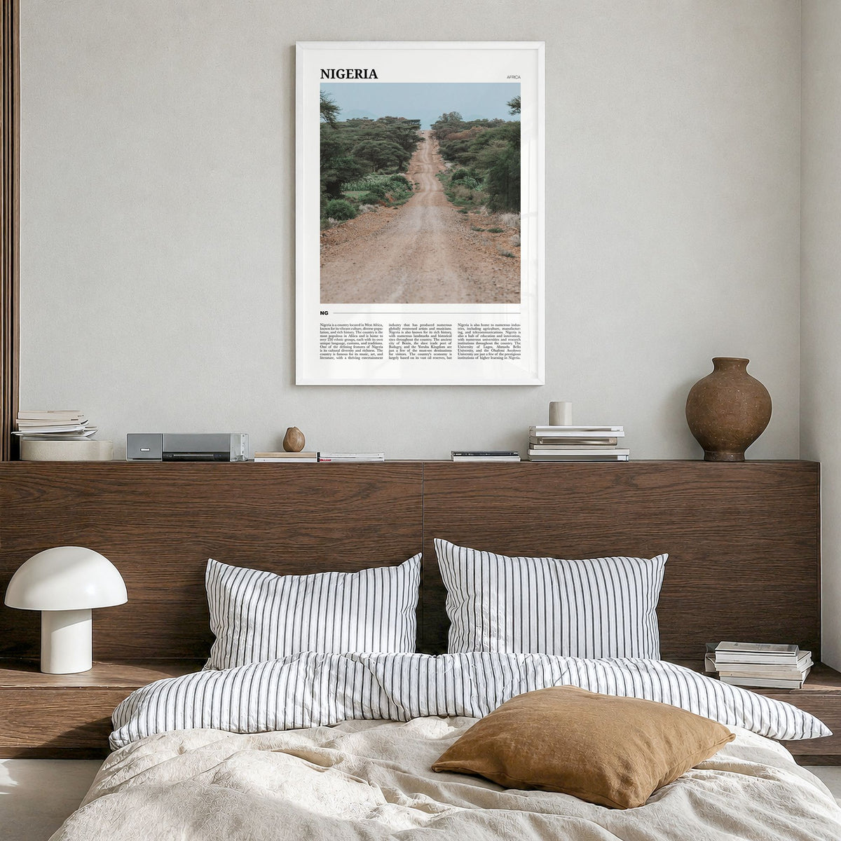 Nigeria Travel Poster in a white wood frame, hanging in a bedroom