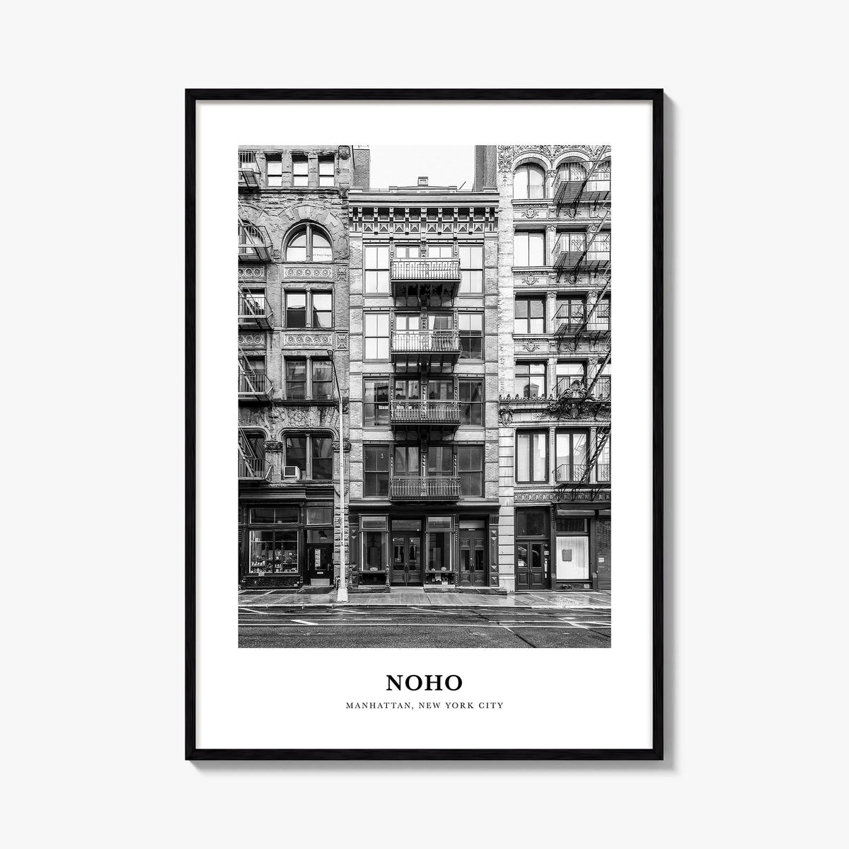 NoHo black & white classic poster of Manhattan, New York City – vertical wall art, unframed print shown in interior mockup