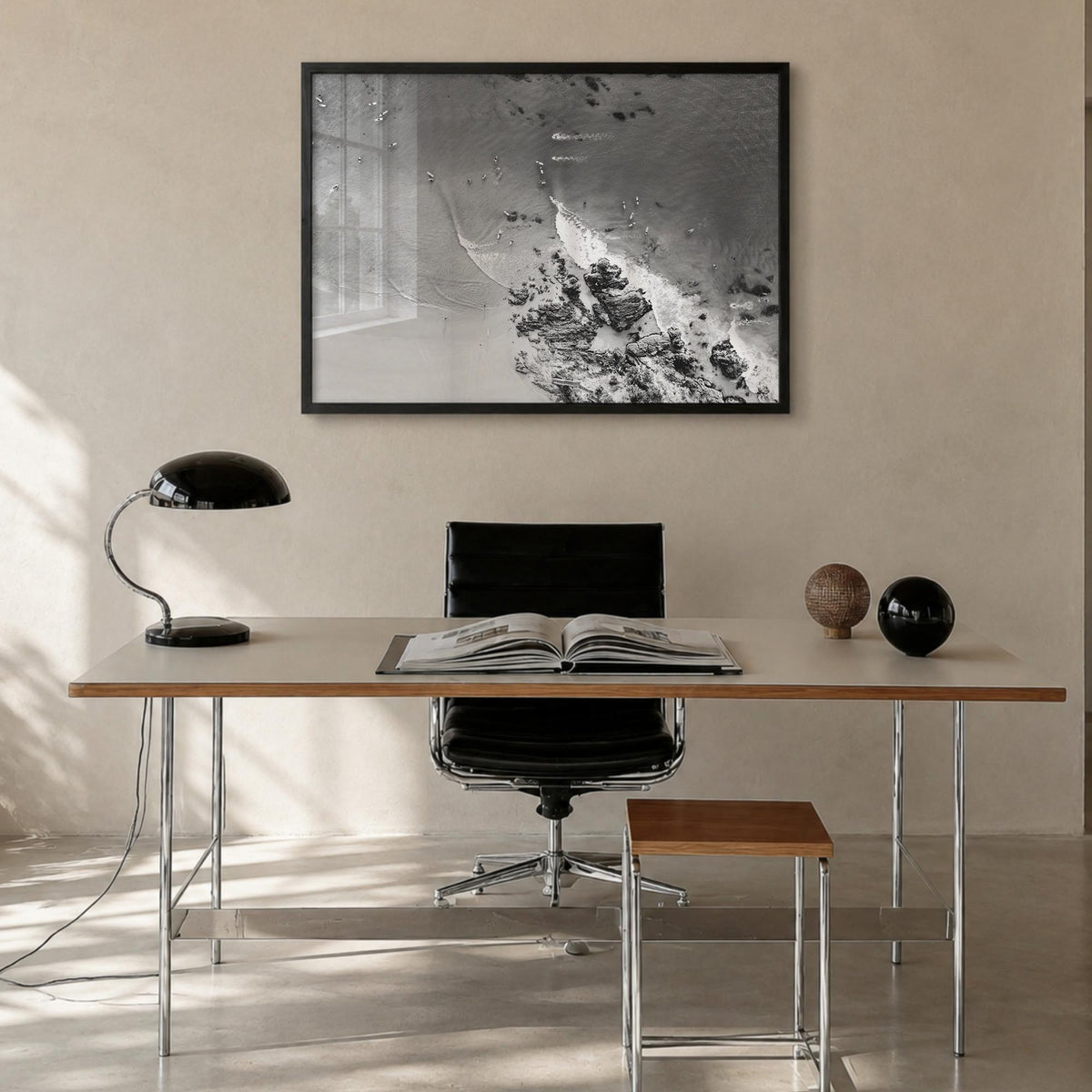 Noosa Heads black & white photo poster of Queensland, Australia – horizontal wall art in black wood frame, hanging on wall