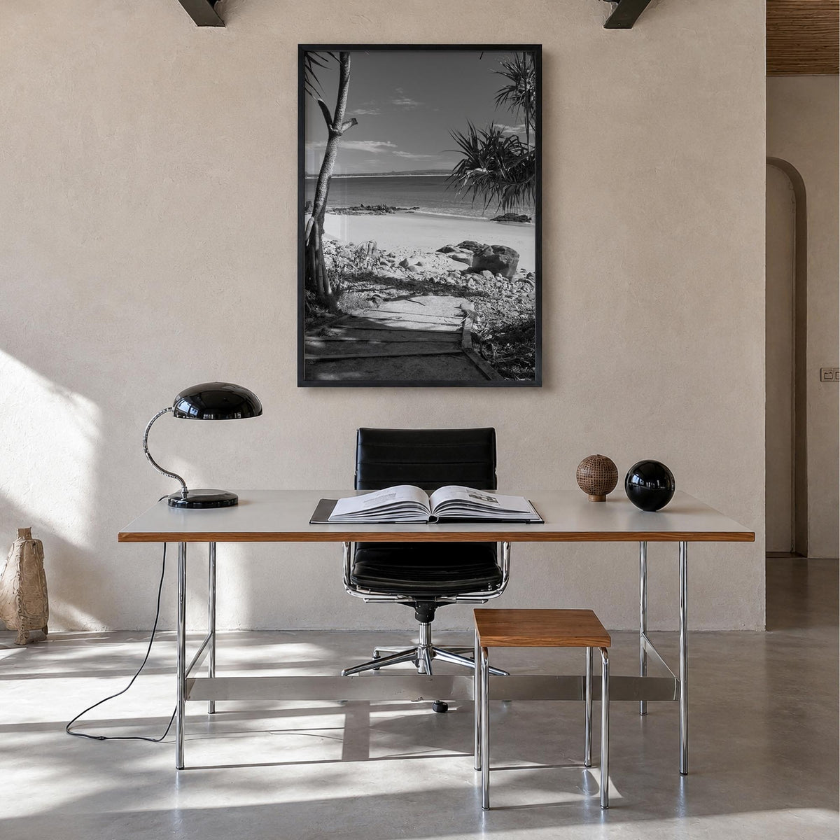 Noosa Heads black & white photo poster of Queensland, Australia – vertical wall art in black wood frame, hanging on wall