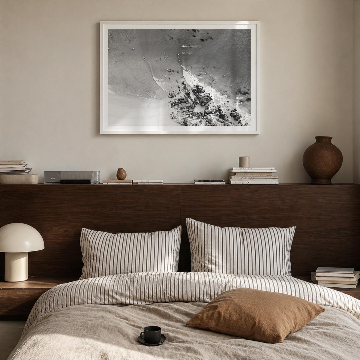 Noosa Heads black & white photo poster of Queensland, Australia – horizontal wall art in white wood frame with white border,