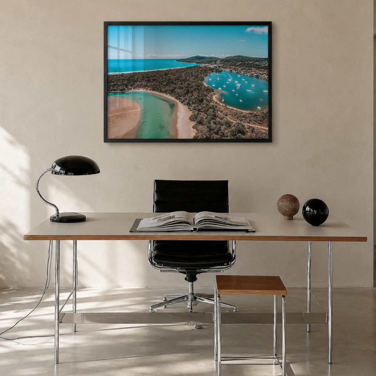 Noosa Heads colorful photo poster of Queensland, Australia – horizontal wall art in black wood frame, hanging on wall