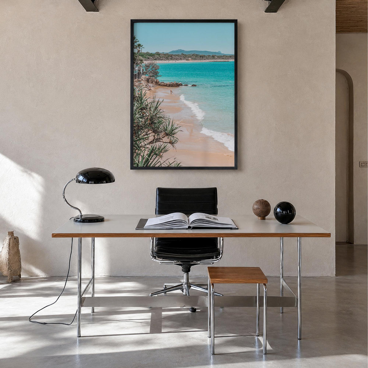 Noosa Heads colorful photo poster of Queensland, Australia – vertical wall art in black wood frame, hanging on wall